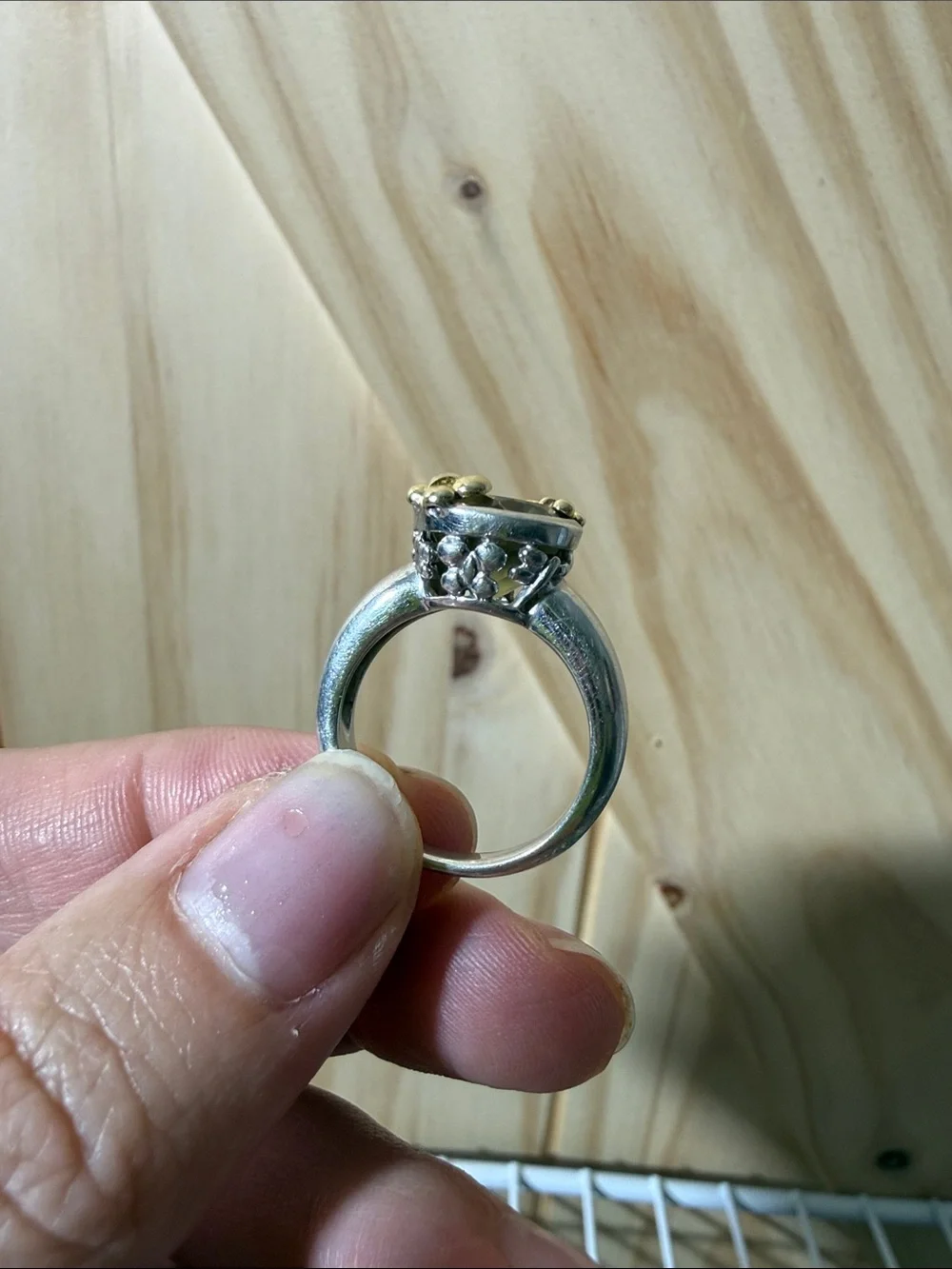 Two-Tone Silver Ring with Olive-Green Center Stone